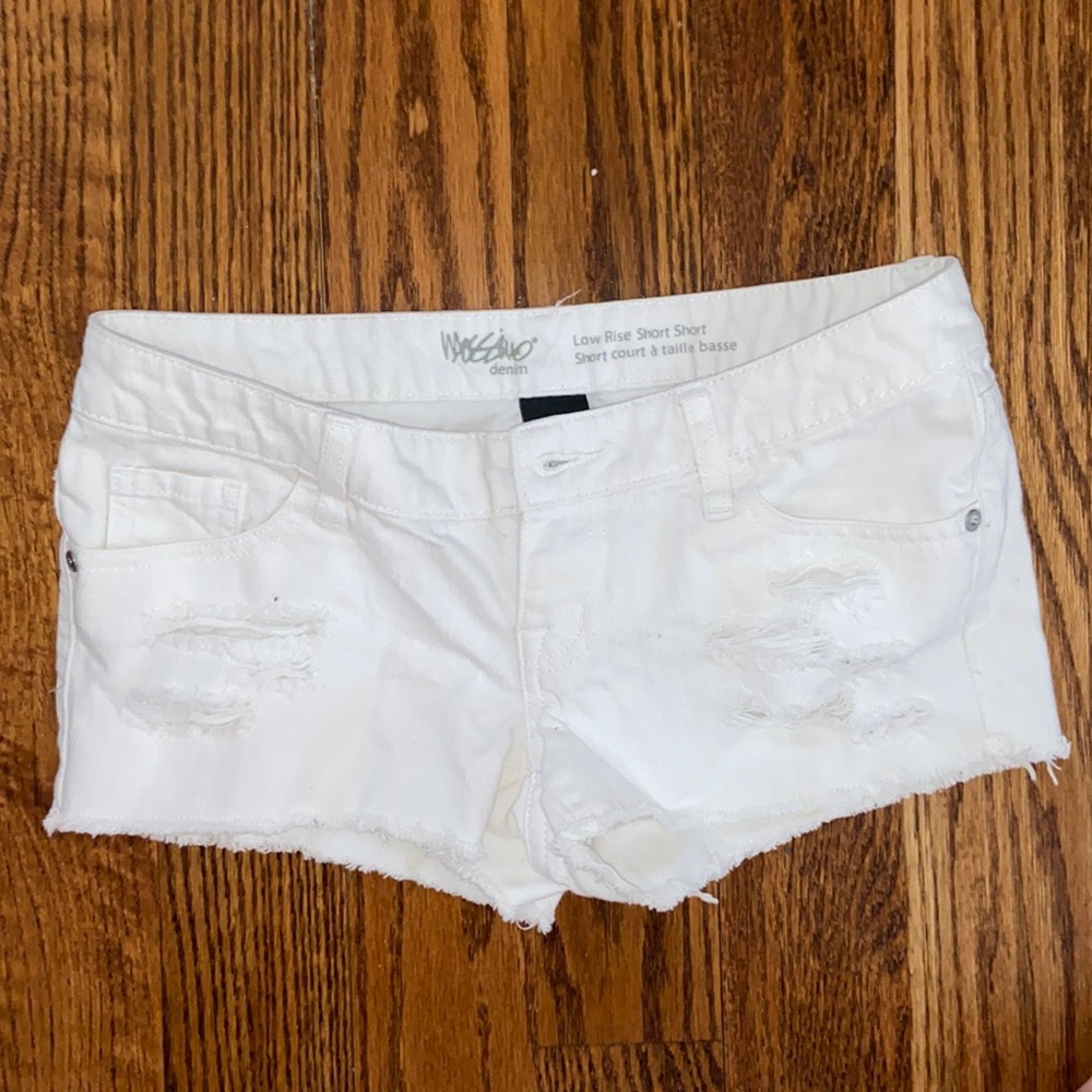Low rise, white jean shorts